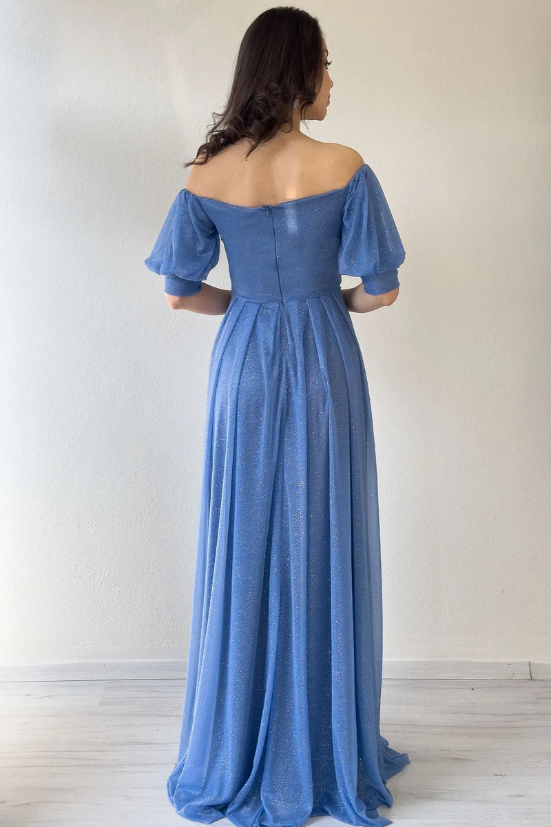 Kadın indigo Kısa Kol Drapeli Abiye Elbise