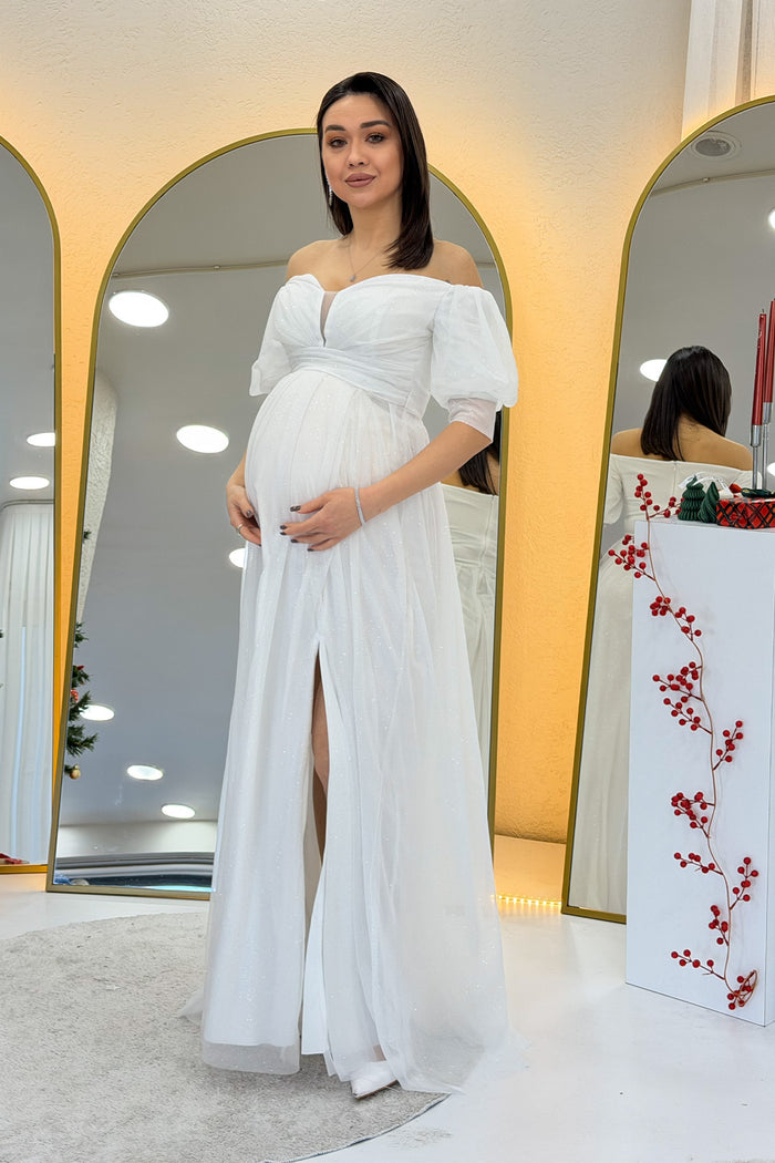 Kadın Beyaz Kısa Kol Drapeli Abiye Elbise