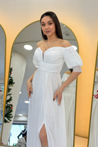 Kadın Beyaz Kısa Kol Drapeli Abiye Elbise