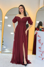 Kadın Bordo Kısa Kol Drapeli Abiye Elbise