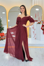 Kadın Bordo Kısa Kol Drapeli Abiye Elbise