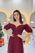 Kadın Bordo Kısa Kol Drapeli Abiye Elbise