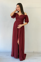 Kadın Bordo Kısa Kol Drapeli Abiye Elbise