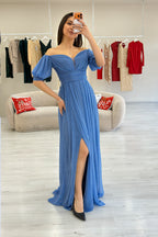 Kadın İndigo Kısa Kol Drapeli Abiye Elbise