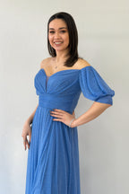 Kadın İndigo Kısa Kol Drapeli Abiye Elbise