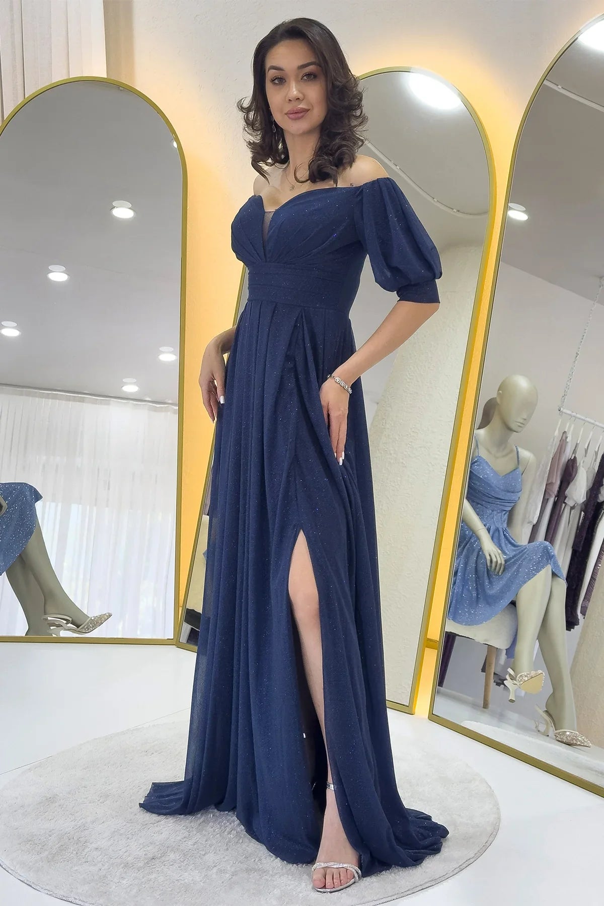 Kadın Lacivert Kısa Kol Drapeli Abiye Elbise