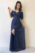 Kadın Lacivert Kısa Kol Drapeli Abiye Elbise