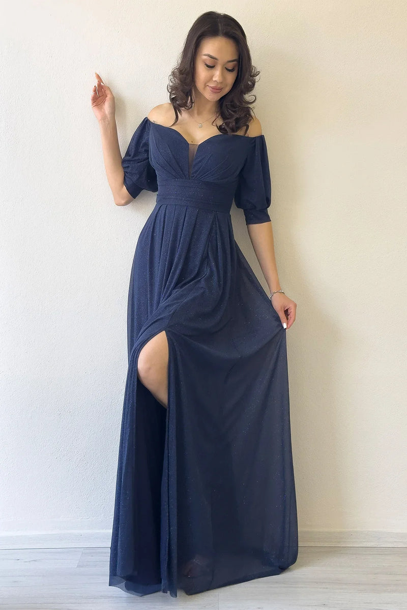Kadın Lacivert Kısa Kol Drapeli Abiye Elbise