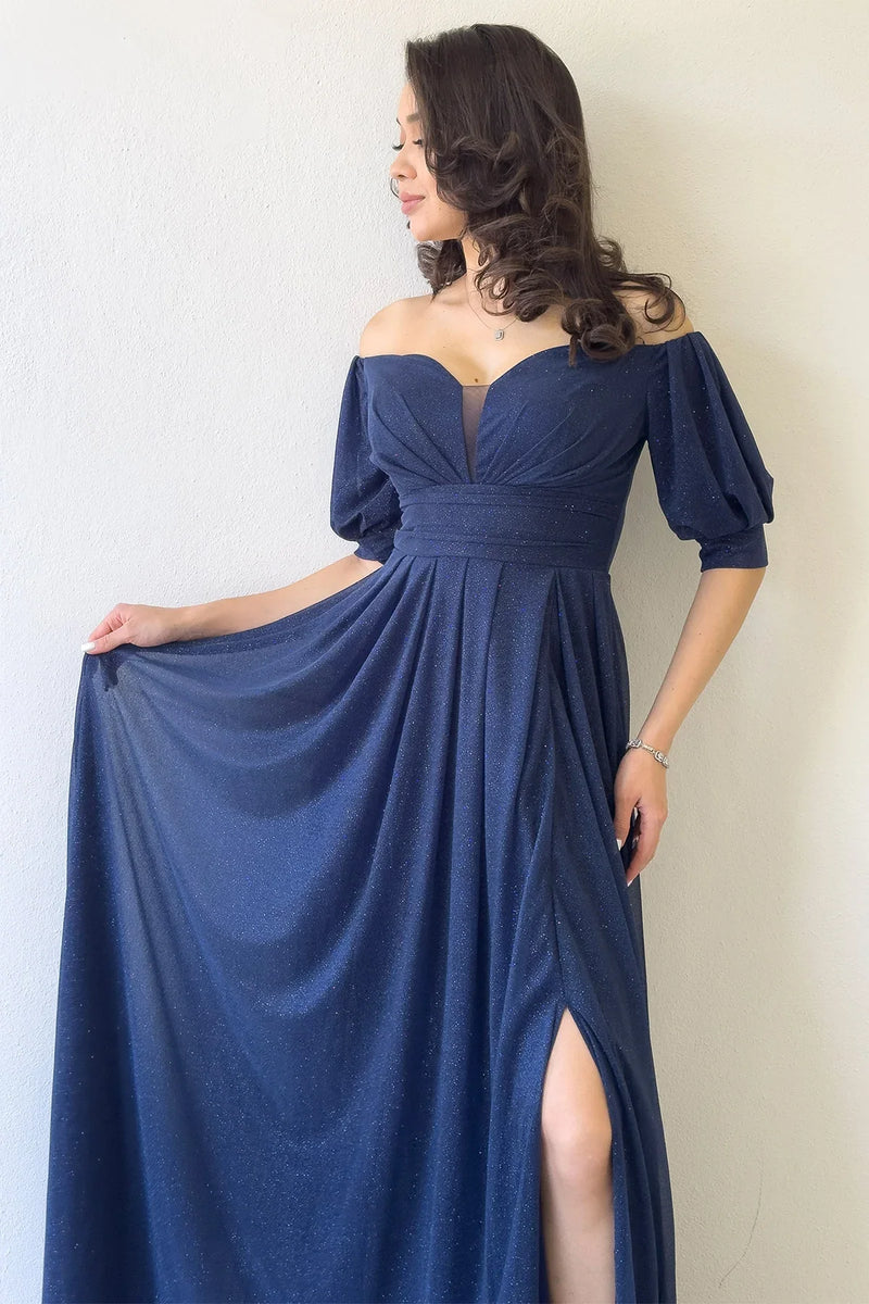 Kadın Lacivert Kısa Kol Drapeli Abiye Elbise
