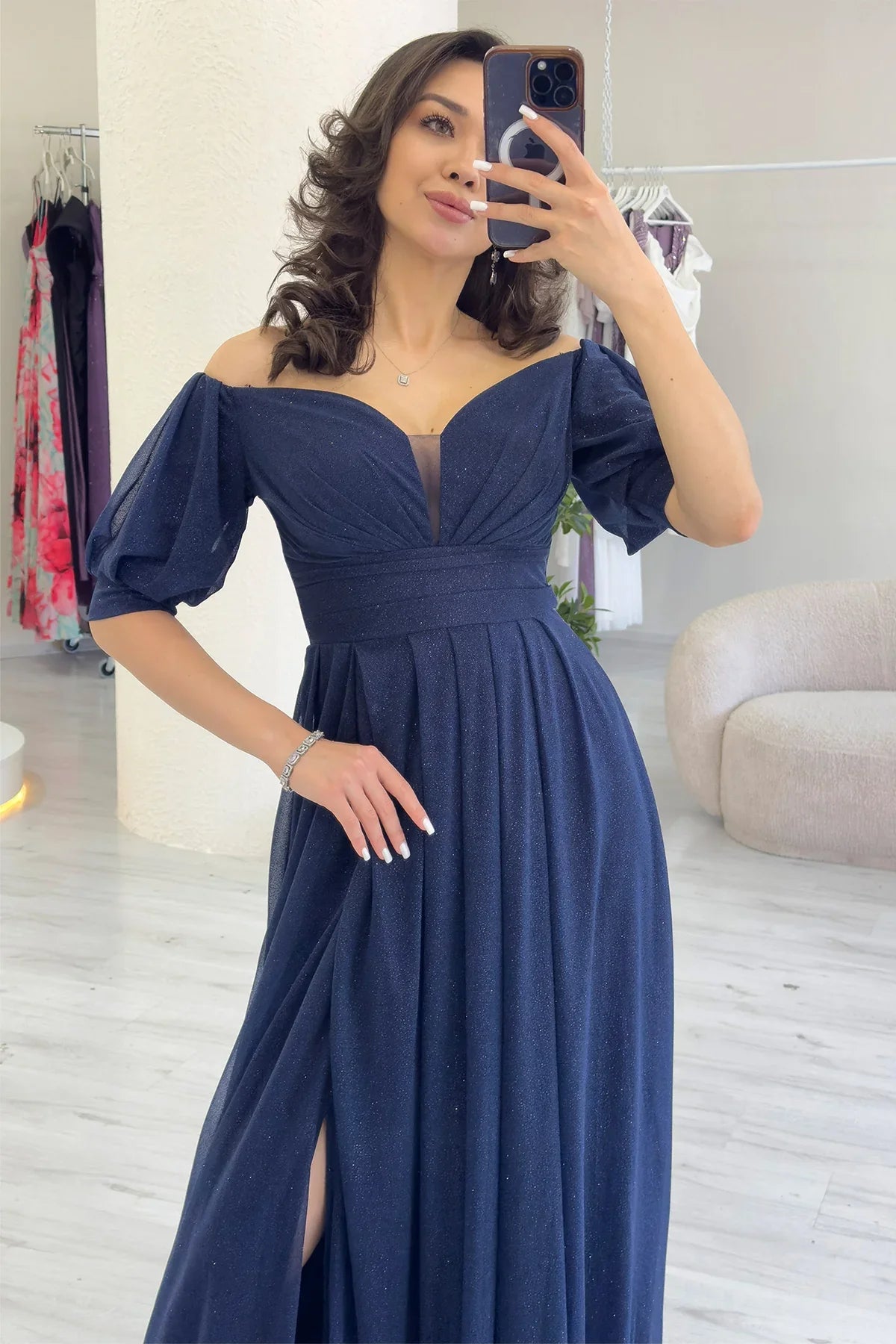 Kadın Lacivert Kısa Kol Drapeli Abiye Elbise