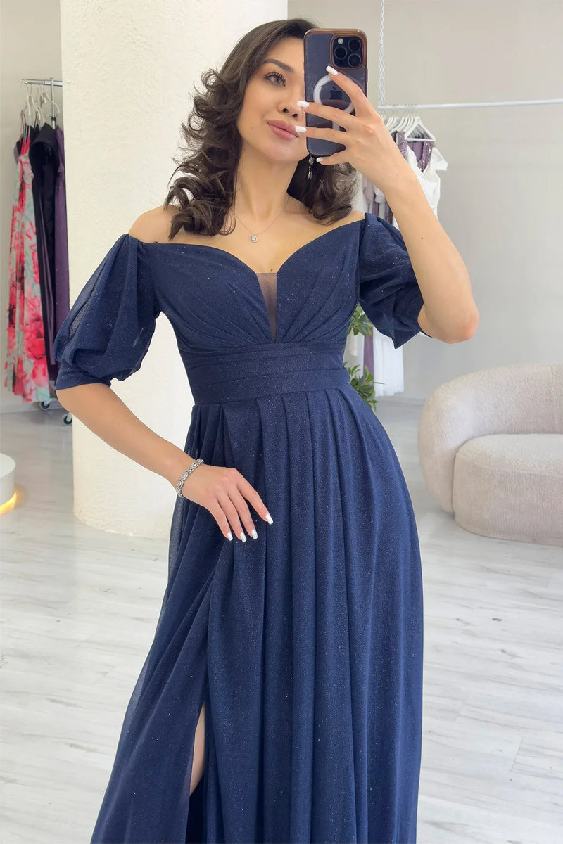 Kadın Lacivert Kısa Kol Drapeli Abiye Elbise