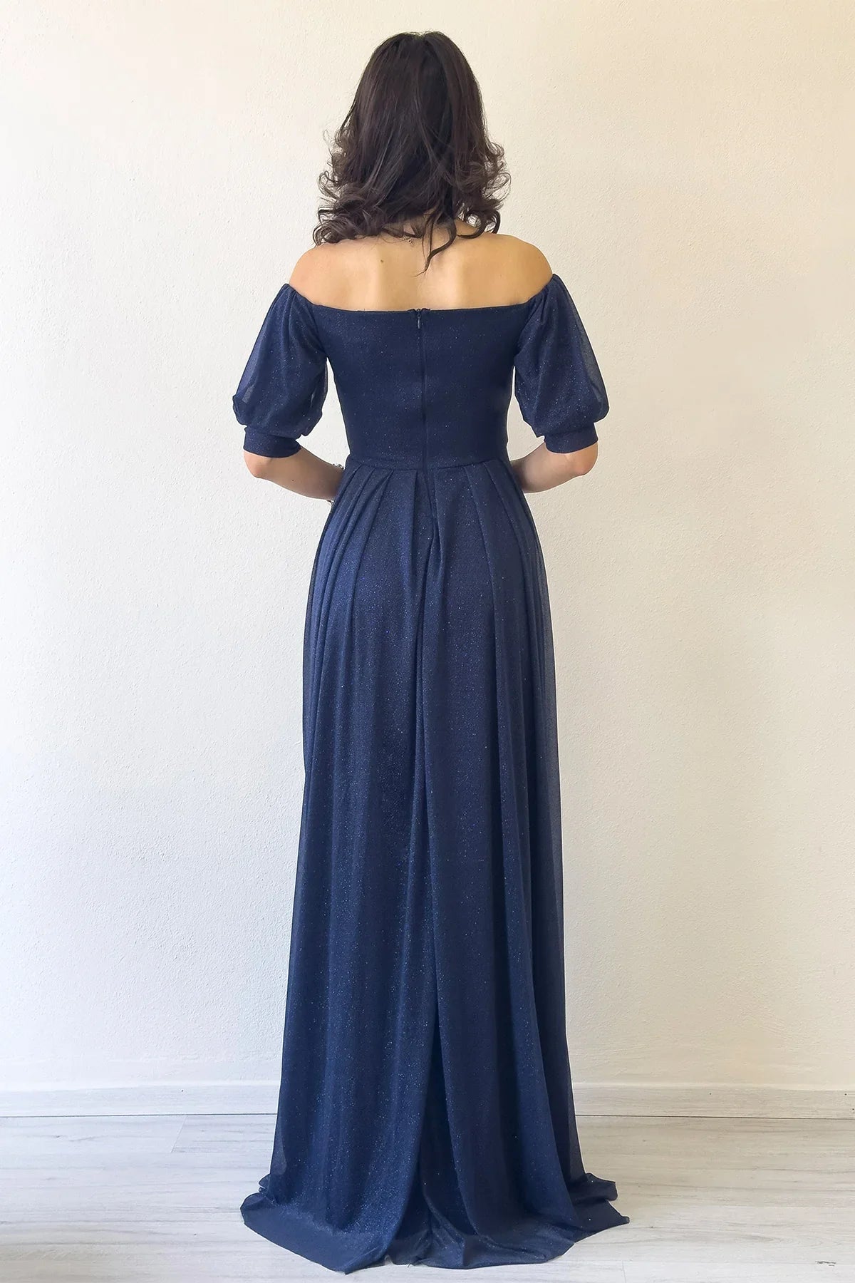 Kadın Lacivert Kısa Kol Drapeli Abiye Elbise