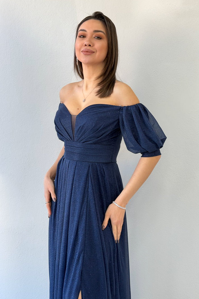 Kadın Lacivert Kısa Kol Drapeli Abiye Elbise