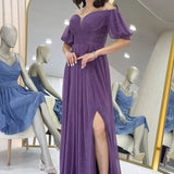 Kadın Lila  Kısa Kol Drapeli Abiye Elbise