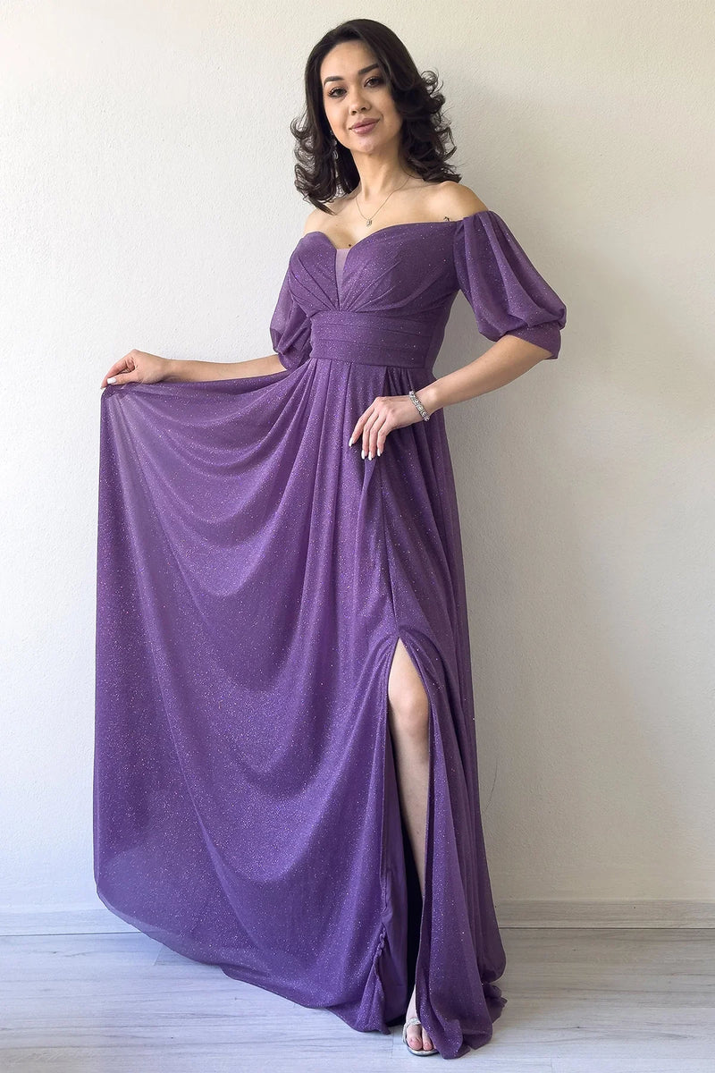 Kadın Lila Kısa Kol Drapeli Abiye Elbise