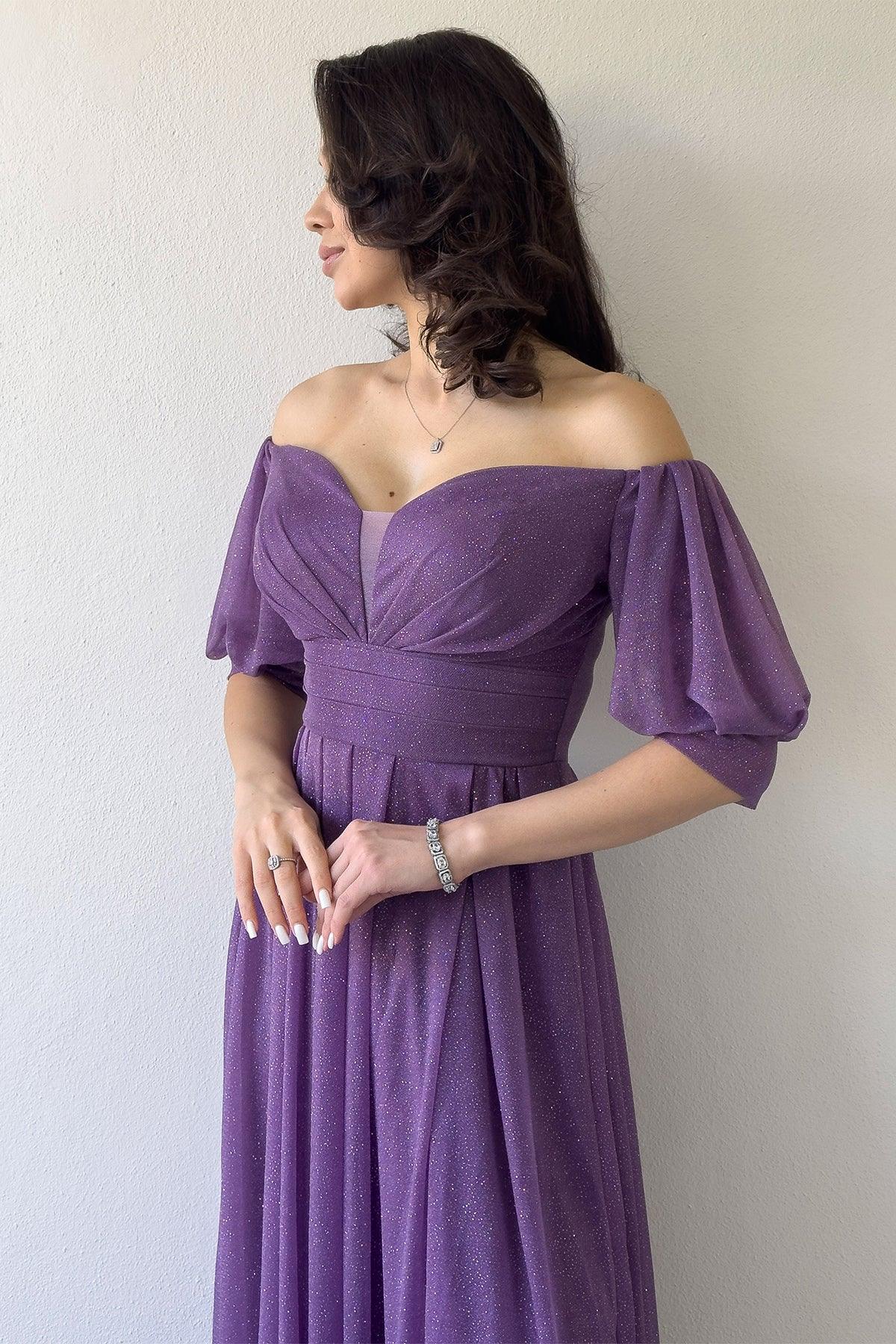 Kadın Lila  Kısa Kol Drapeli Abiye Elbise