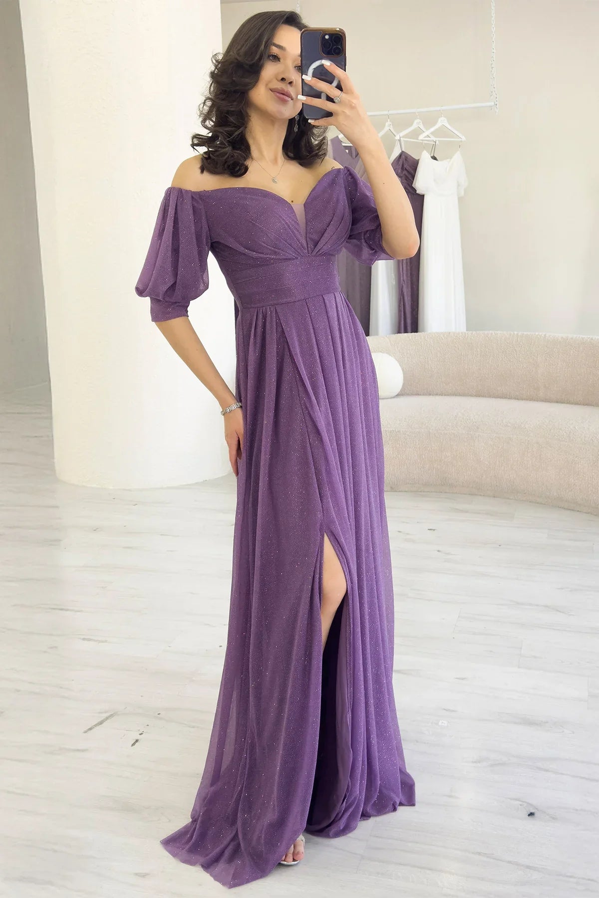 Kadın Lila  Kısa Kol Drapeli Abiye Elbise