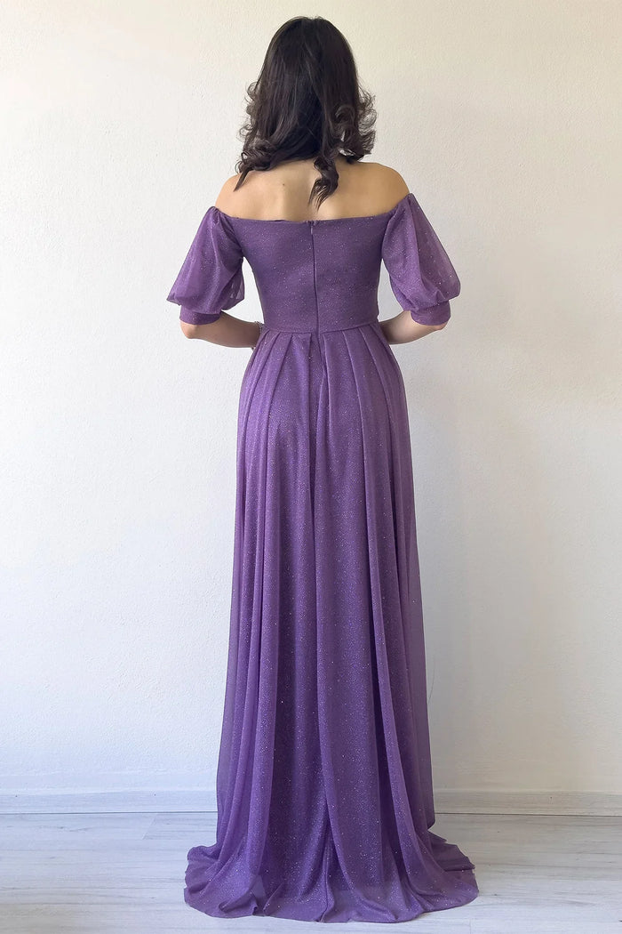 Kadın Lila  Kısa Kol Drapeli Abiye Elbise