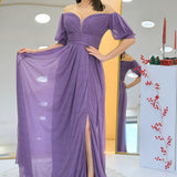 Kadın Lila  Kısa Kol Drapeli Abiye Elbise