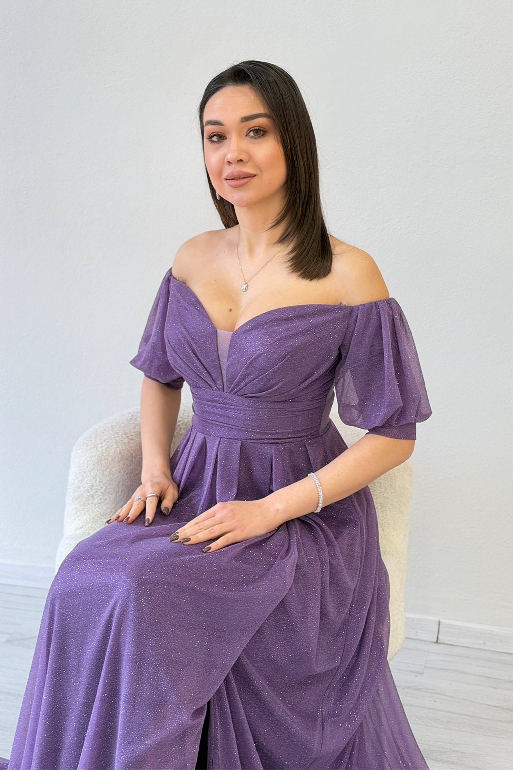 Kadın Lila  Kısa Kol Drapeli Abiye Elbise