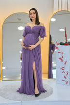 Kadın Lila  Kısa Kol Drapeli Abiye Elbise