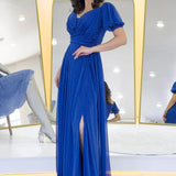 Kadın Saks Kısa Kol Drapeli Abiye Elbise