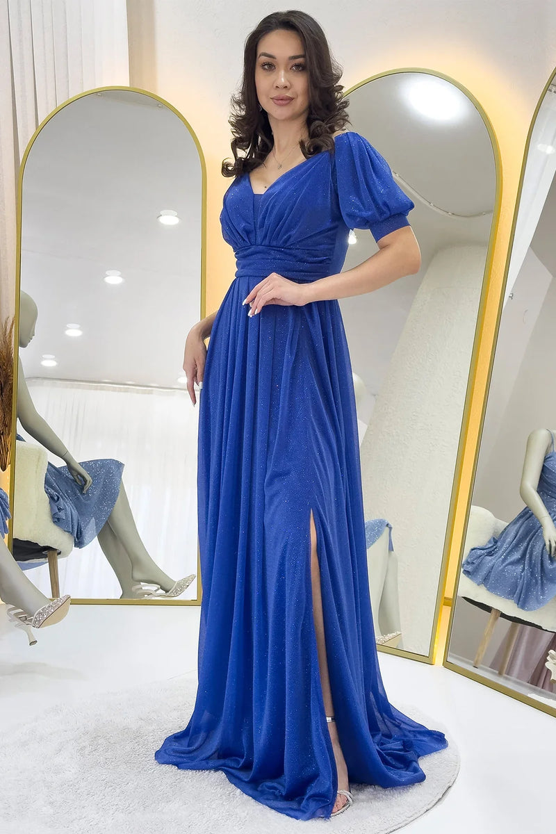 Kadın Saks Kısa Kol Drapeli Abiye Elbise