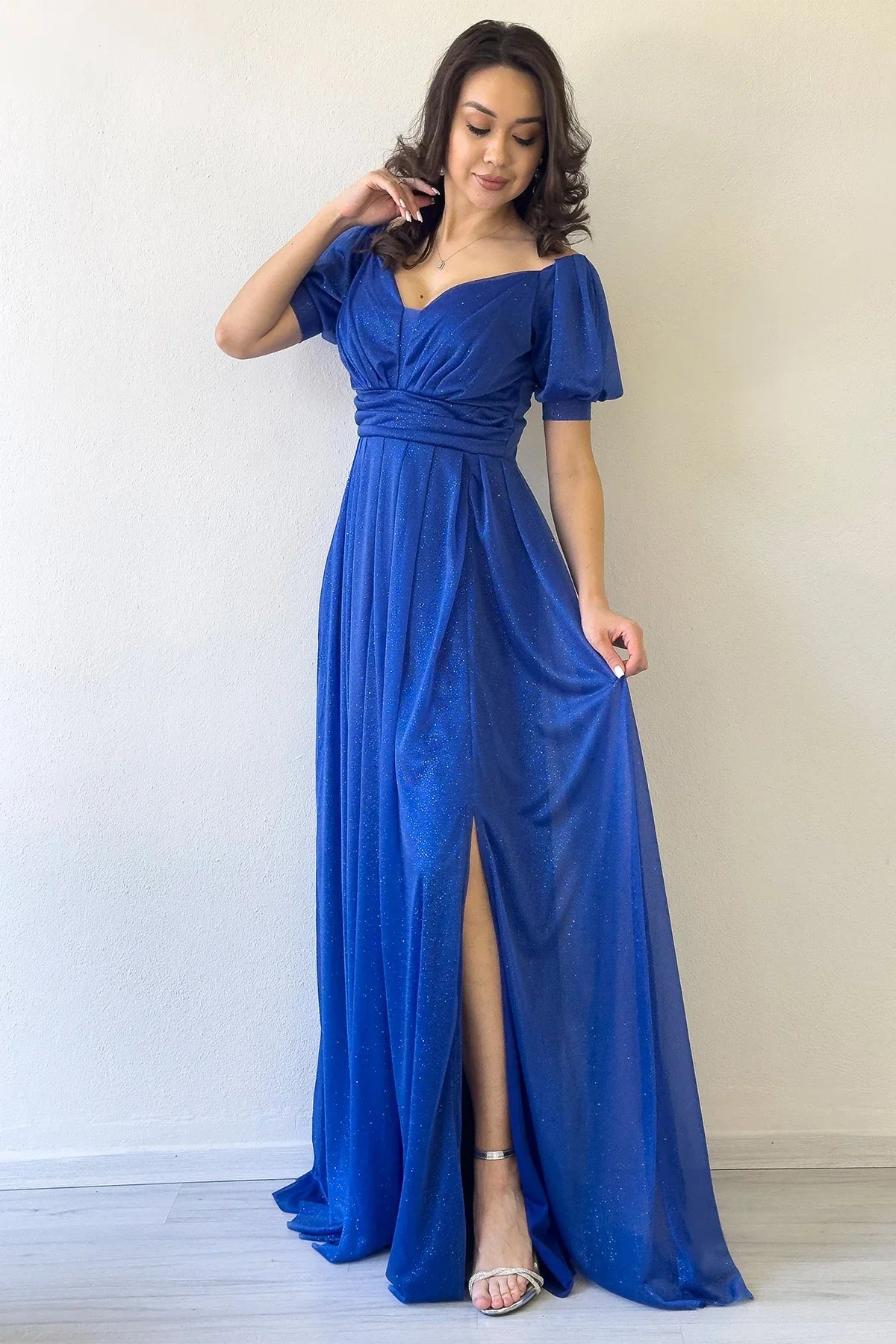 Kadın Saks Kısa Kol Drapeli Abiye Elbise