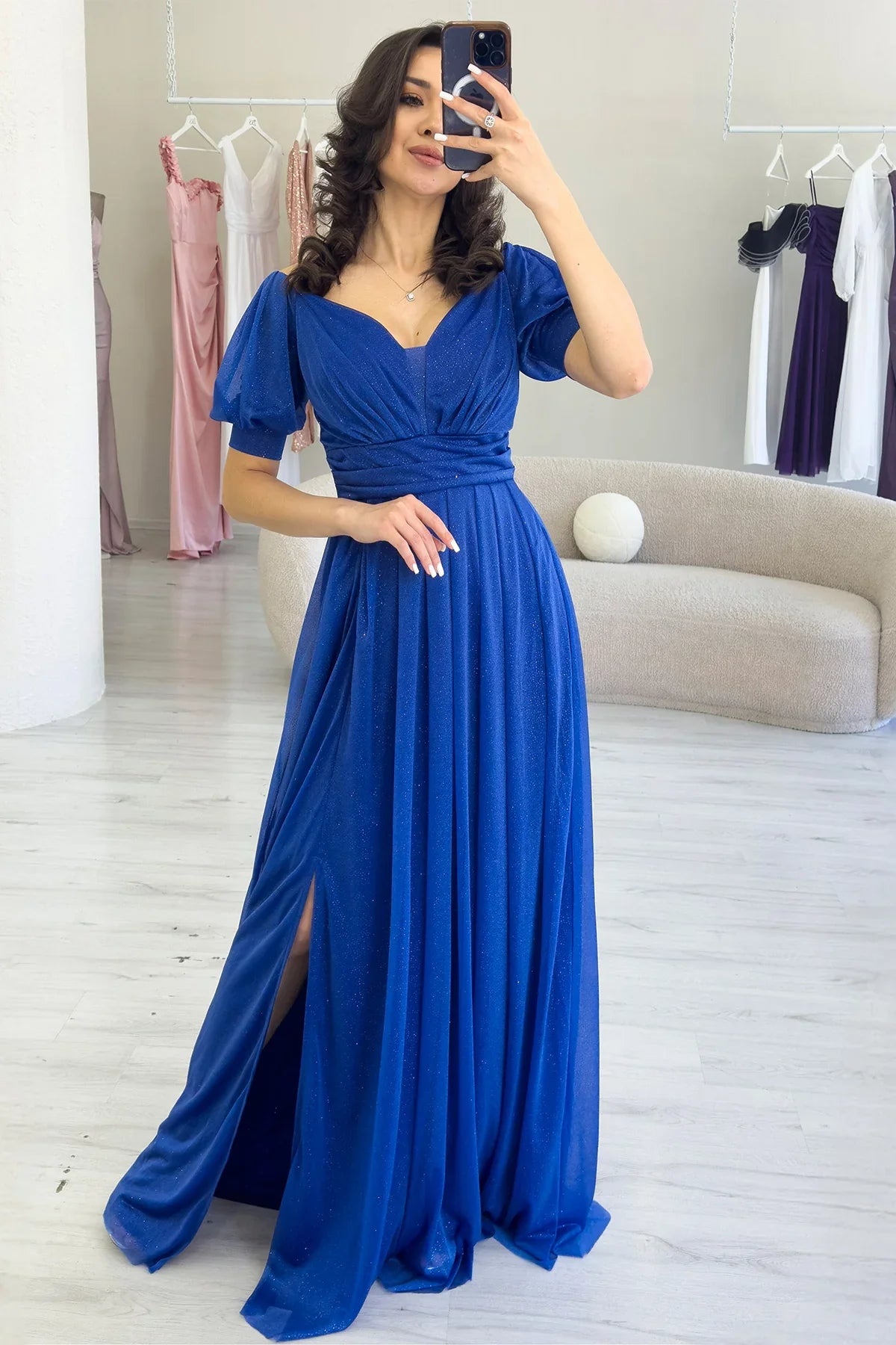 Kadın Saks Kısa Kol Drapeli Abiye Elbise