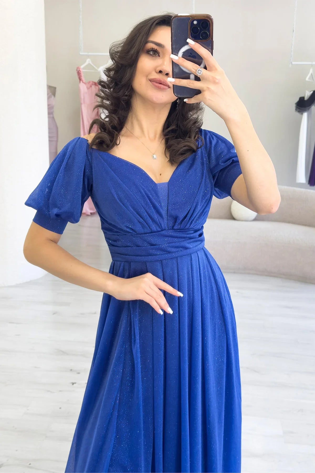 Kadın Saks Kısa Kol Drapeli Abiye Elbise