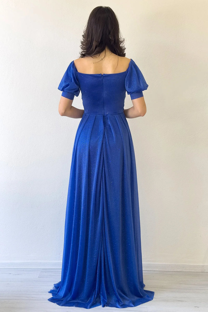 Kadın Saks Kısa Kol Drapeli Abiye Elbise