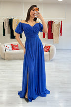 Kadın Saks Kısa Kol Drapeli Abiye Elbise