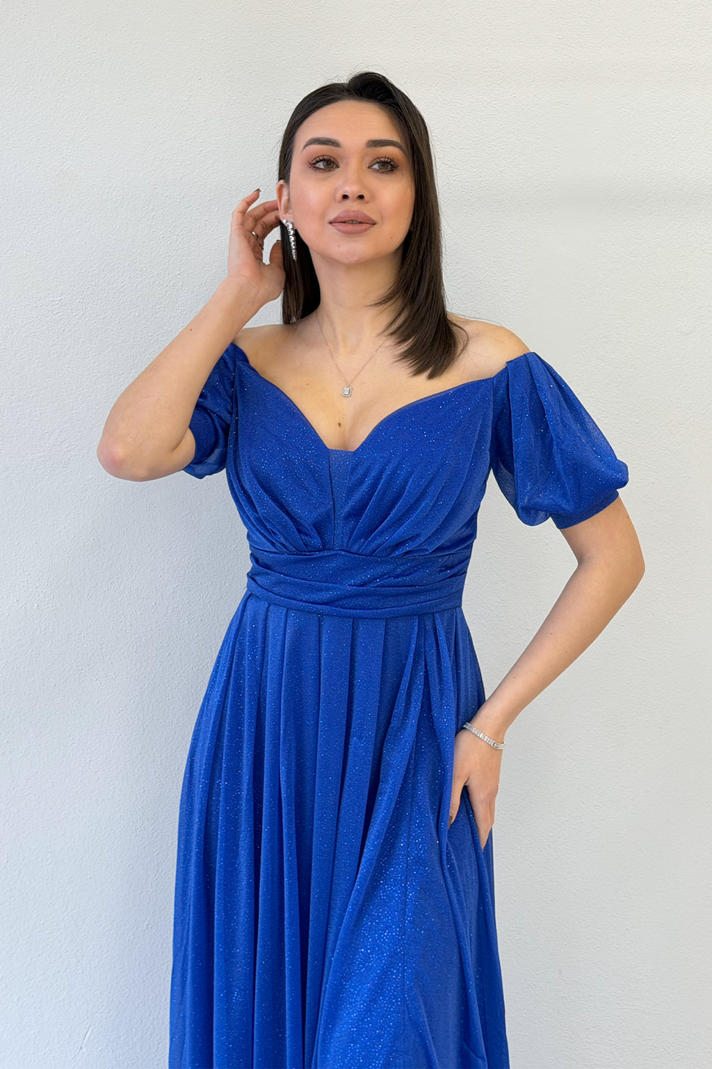 Kadın Saks Kısa Kol Drapeli Abiye Elbise