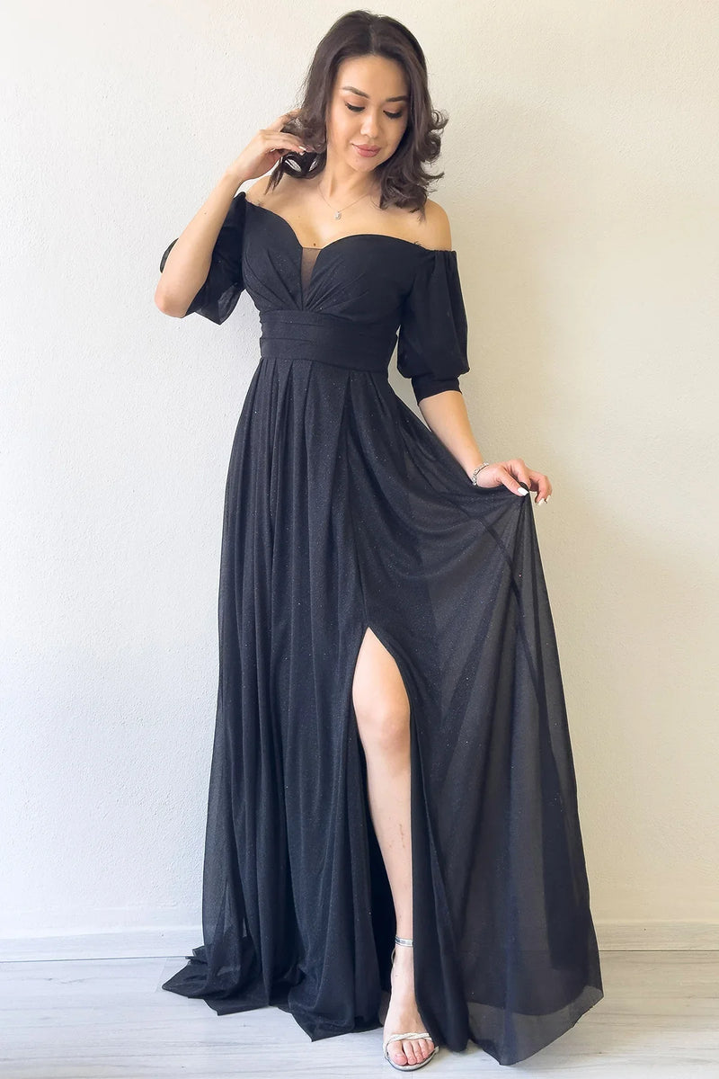 Kadın Siyah Kısa Kol Drapeli Abiye Elbise