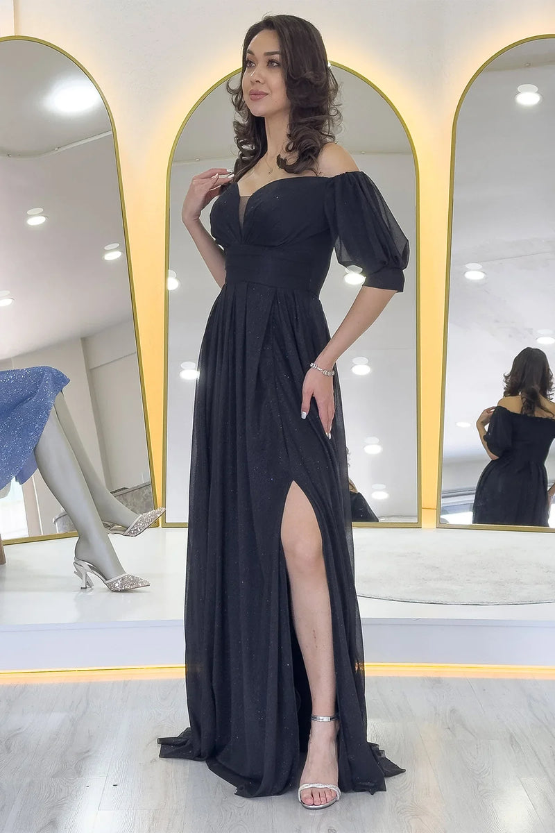 Kadın Siyah Kısa Kol Drapeli Abiye Elbise