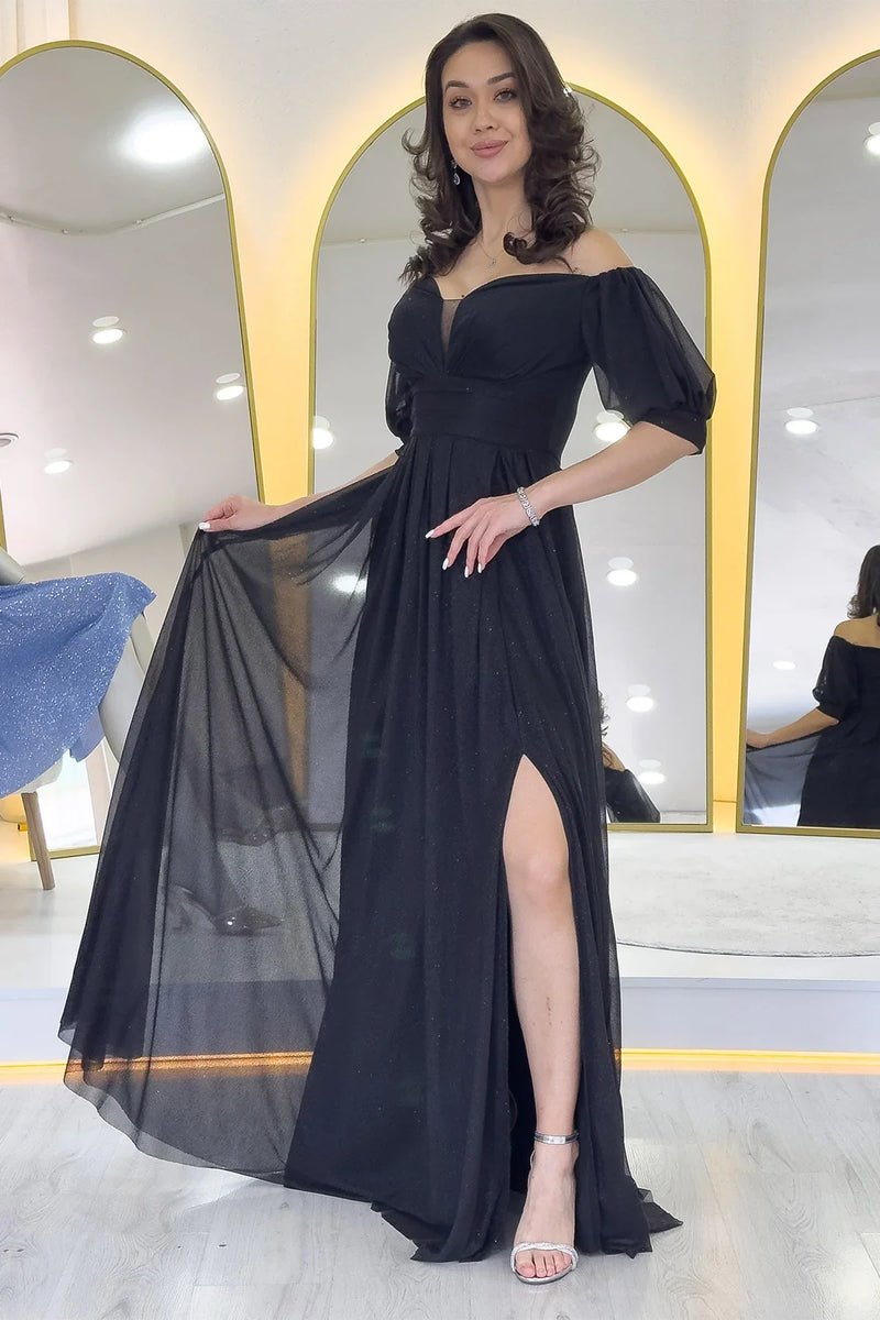 Kadın Siyah Kısa Kol Drapeli Abiye Elbise