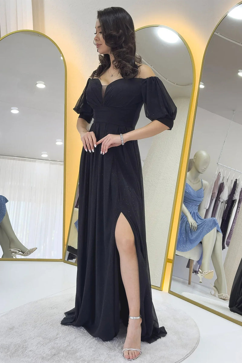 Kadın Siyah Kısa Kol Drapeli Abiye Elbise