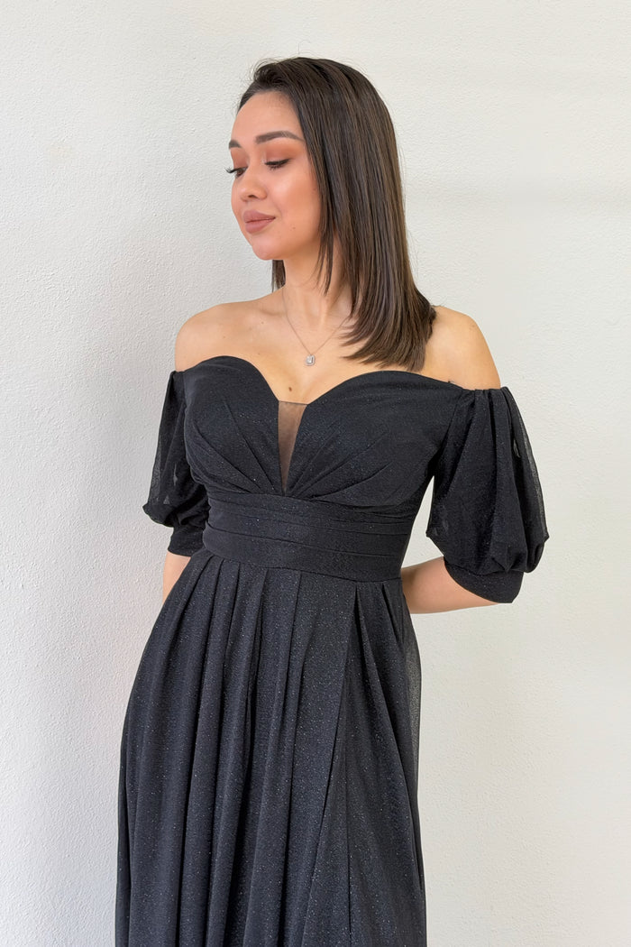 Kadın Siyah Kısa Kol Drapeli Abiye Elbise