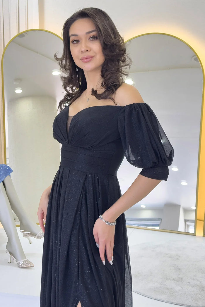 Kadın Siyah Kısa Kol Drapeli Abiye Elbise