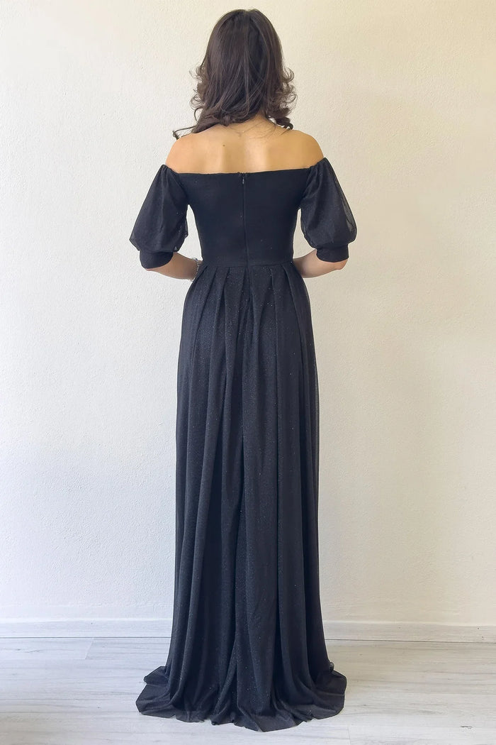 Kadın Siyah Kısa Kol Drapeli Abiye Elbise