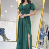 Kadın Zümrüt Yeşil Kısa Kol Drapeli Abiye Elbise