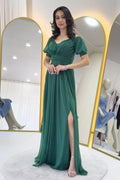 Kadın Zümrüt Yeşil Kısa Kol Drapeli Abiye Elbise