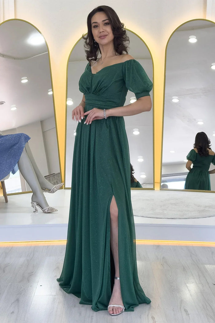 Kadın Zümrüt Yeşil Kısa Kol Drapeli Abiye Elbise