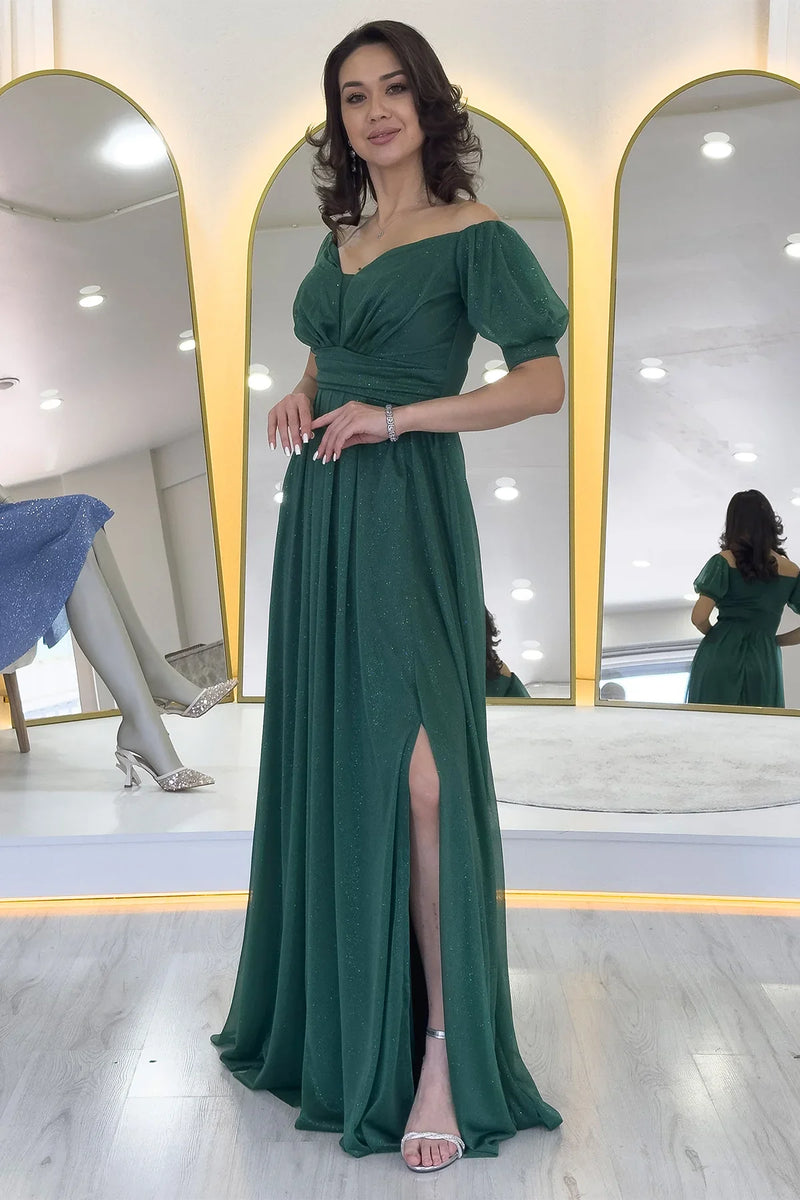 Kadın Zümrüt Yeşil Kısa Kol Drapeli Abiye Elbise