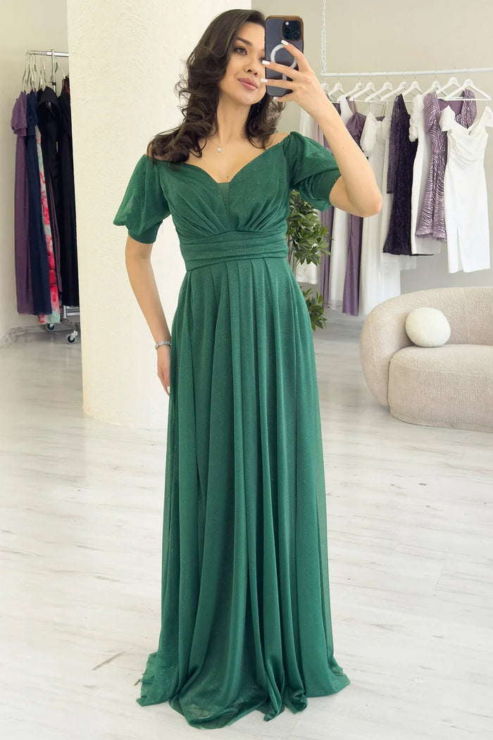 Kadın Zümrüt Yeşil Kısa Kol Drapeli Abiye Elbise