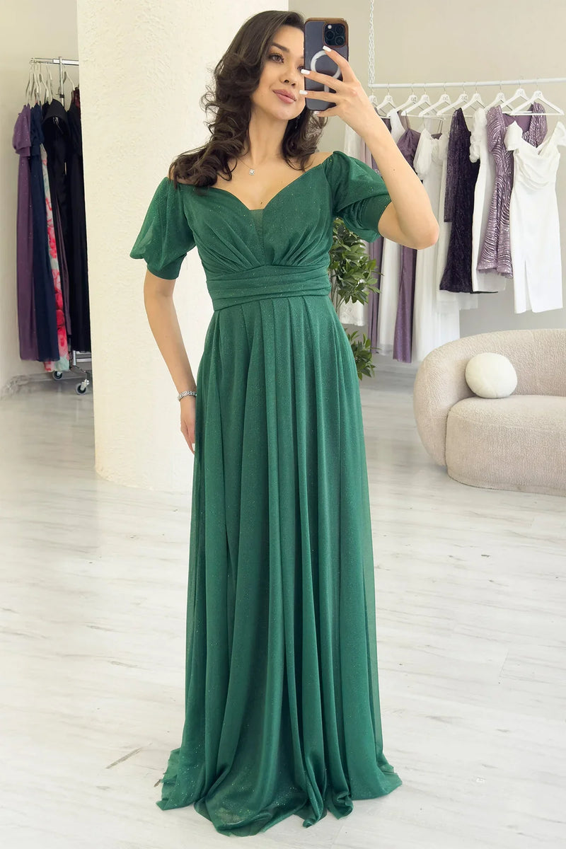 Kadın Zümrüt Yeşil Kısa Kol Drapeli Abiye Elbise