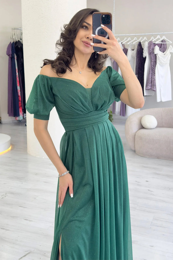 Kadın Zümrüt Yeşil Kısa Kol Drapeli Abiye Elbise