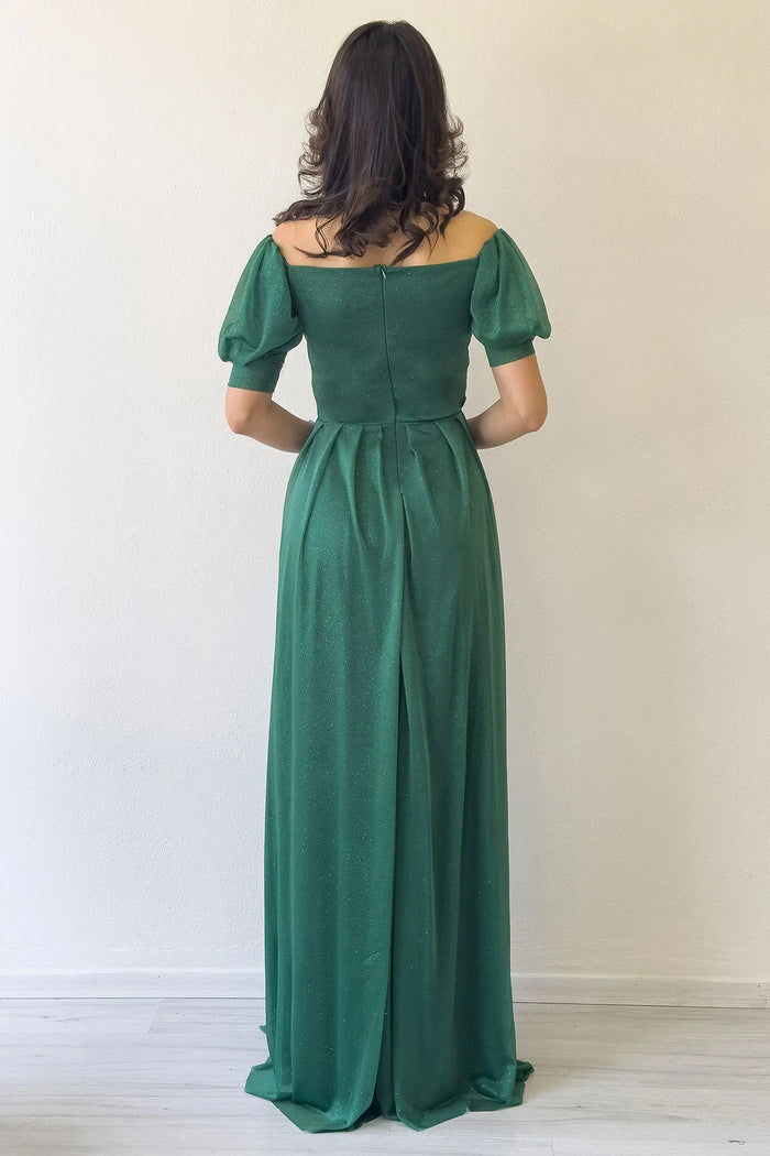 Kadın Zümrüt Yeşil Kısa Kol Drapeli Abiye Elbise