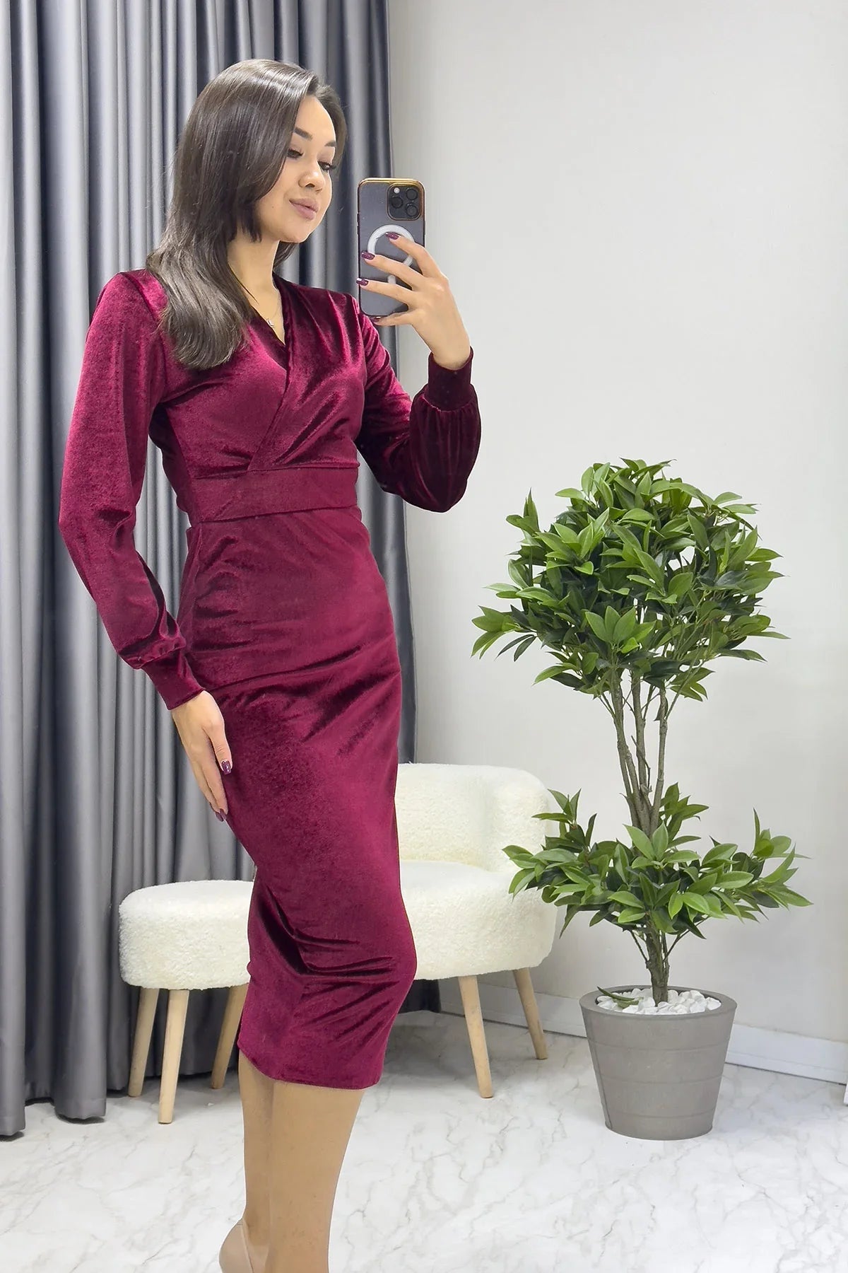 Kadın Bordo Midi Boy Kruvaze Büyük Beden Kadife Elbise