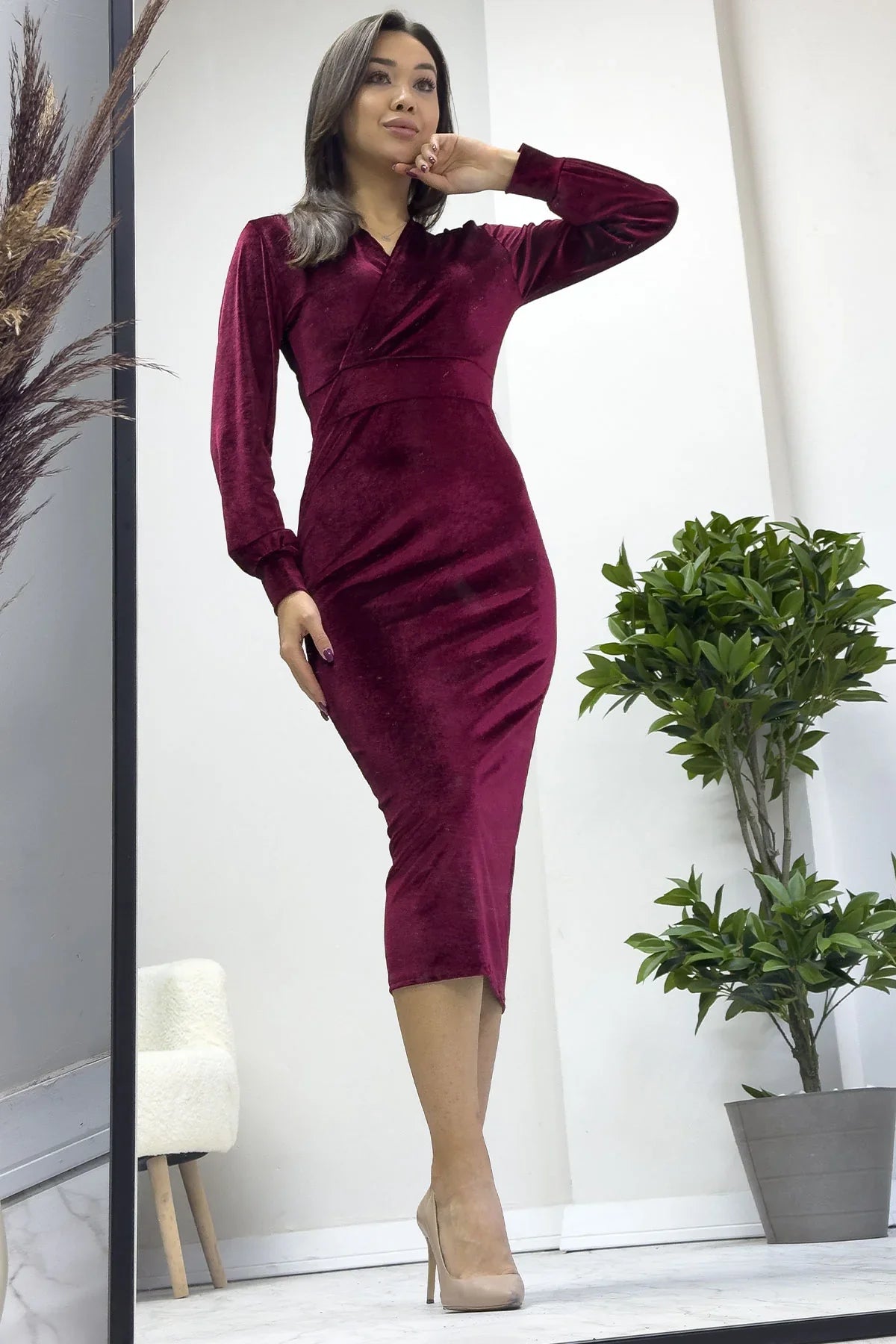 Kadın Bordo Midi Boy Kruvaze Büyük Beden Kadife Elbise